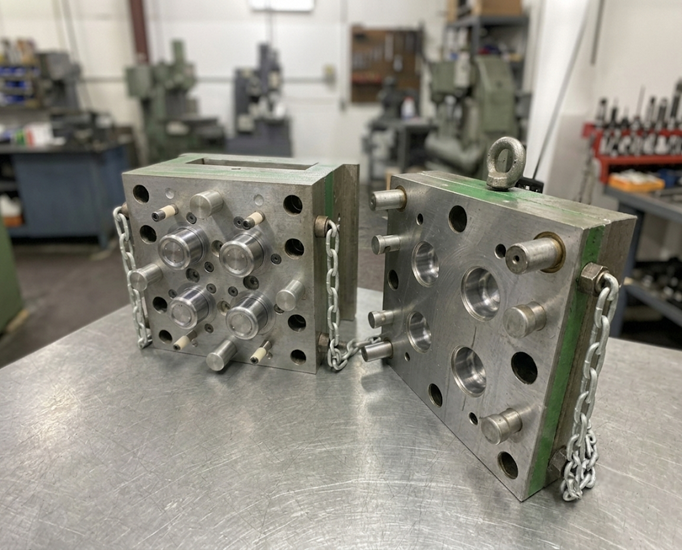 Las dos mitades de un molde de inyección de acero, abiertas sobre la mesa de taller